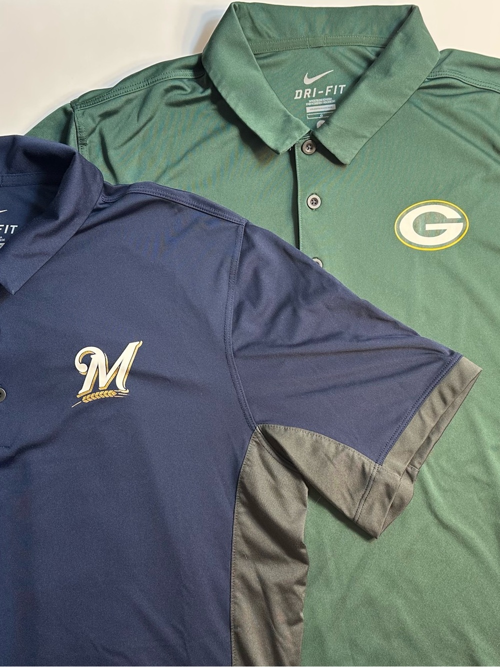 Nike Men's Green and Navy Dri-FIT Polo Duo — Packers & Brewers Logos